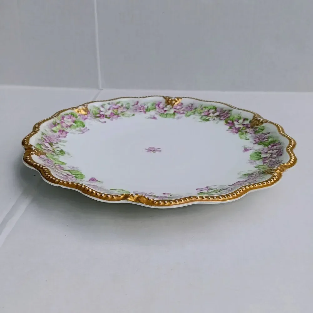 Antique A.Lanternier Limoges Porcelain Plate-Violets-Moriage Trim-Handpainted